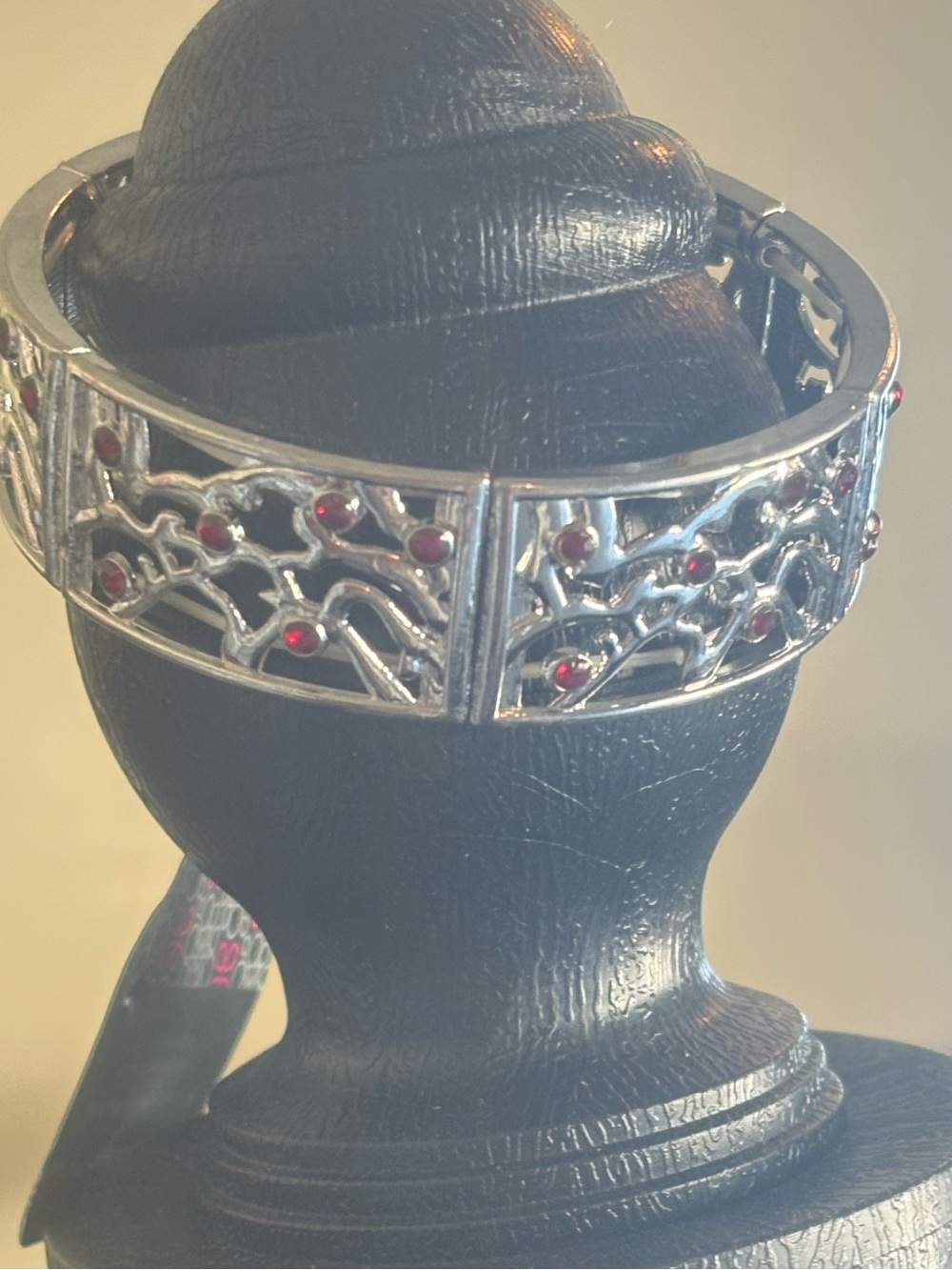 Silver Tone Red Stone Filigree Bangle Bracelet